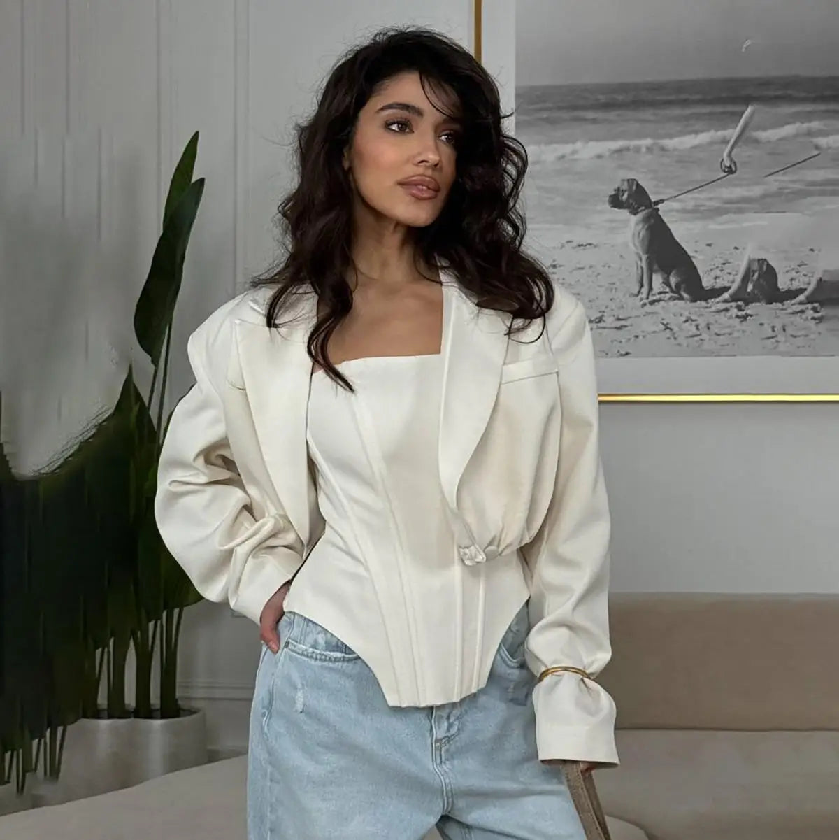 Ensemble 2 Pièces Femme Chevrons - Débardeur Ajusté + Veste Courte Casual Chic