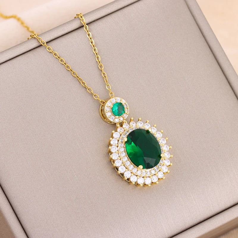 Collier Pendentif Zircon Vert - Acier Inoxydable