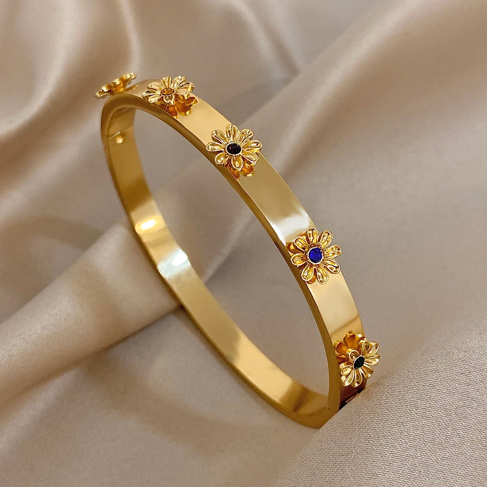 Bracelet Manchette Acier Inoxydable Fleur - Strass