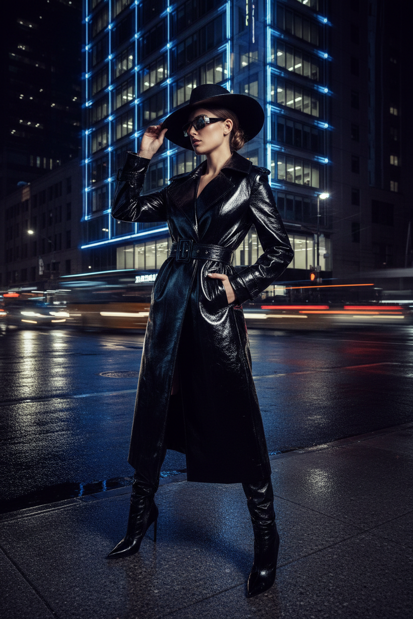 Trench-Coat Cuir Verni Noir Long