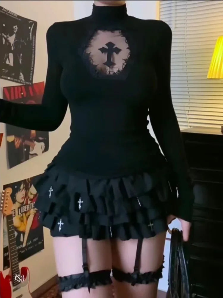 T-Shirt Col Roulé Gothique Noir