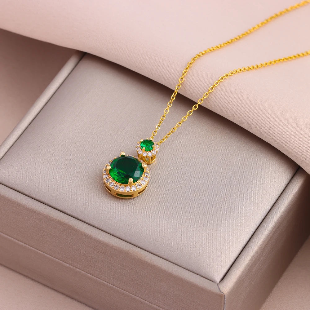 Collier Pendentif Zircon Vert - Acier Inoxydable