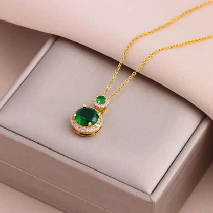 Collier Pendentif Zircon Vert - Acier Inoxydable