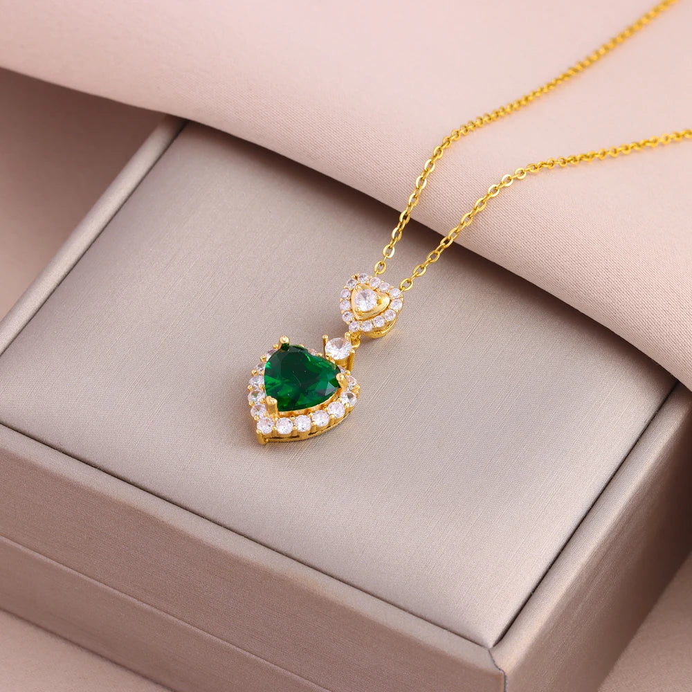 Collier Pendentif Zircon Vert - Acier Inoxydable