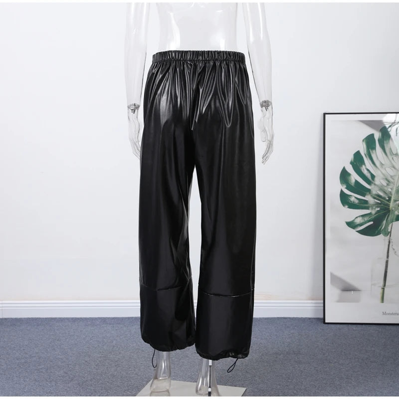 Pantalon Femme Simili Cuir Taille Élastique - Style Streetwear Hip Hop Large Automne