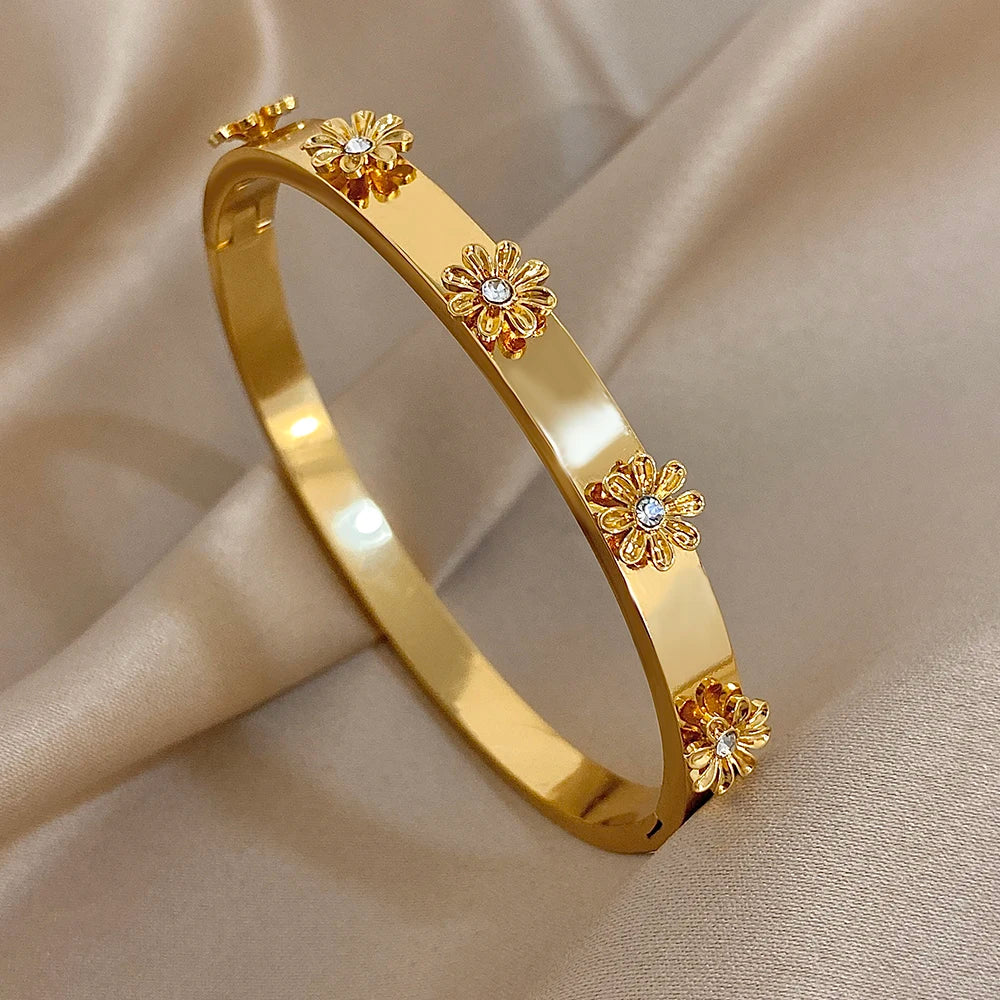 Bracelet Manchette Acier Inoxydable Fleur - Strass