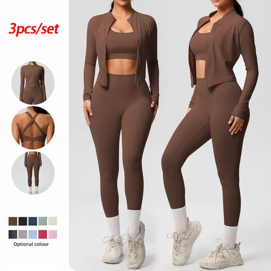 Ensemble Yoga Femme 3 Pièces – Soutien-Gorge Sport, Veste Zippée et Leggings pour Fitness et Gym