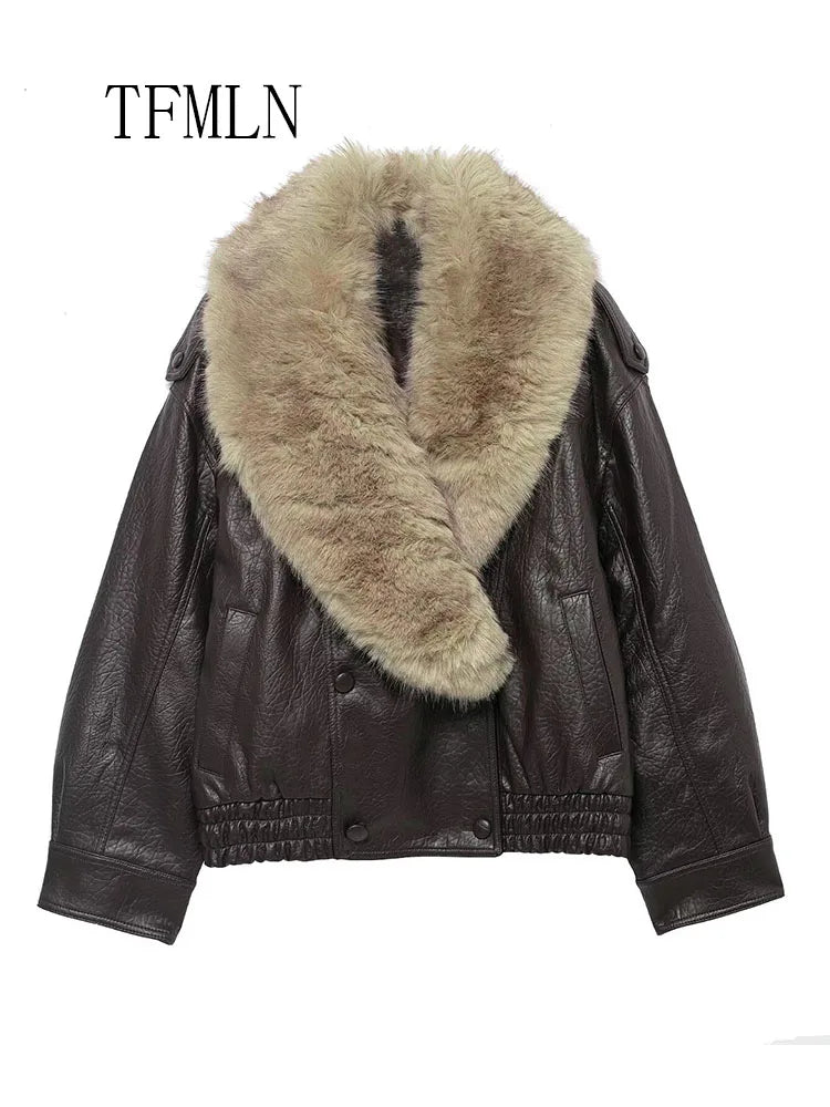 Veste Hiver Femme Similicuir Col Fourrure Amovible