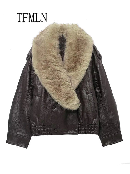 Veste Hiver Femme Similicuir Col Fourrure Amovible