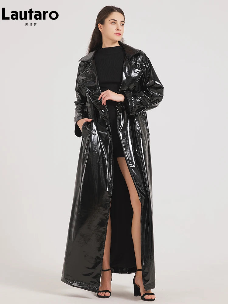 Trench-Coat Cuir Verni Noir Long