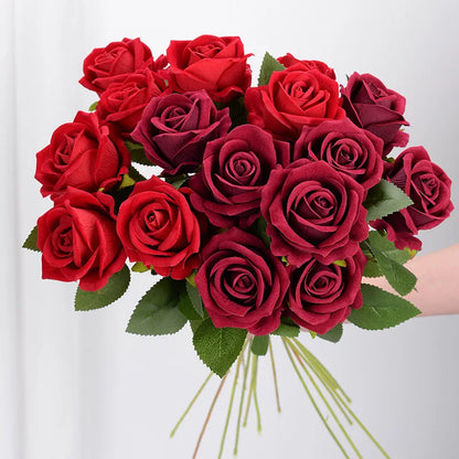 Bouquet 5 Roses Artificielles Velours Rouge - Mariage