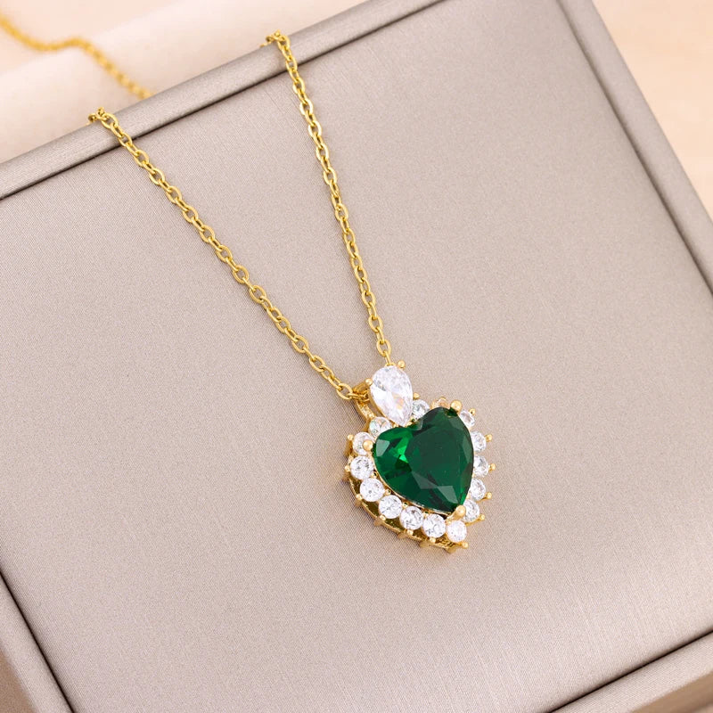 Collier Pendentif Zircon Vert - Acier Inoxydable