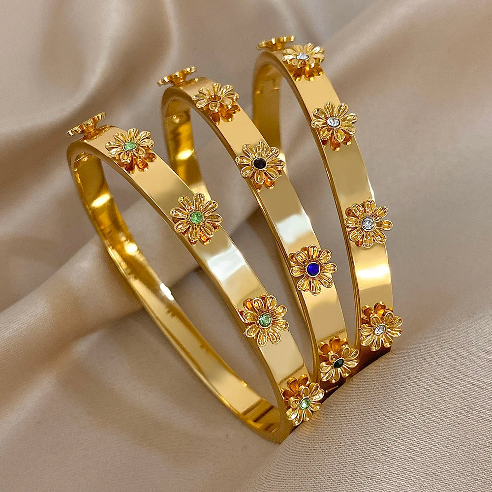 Bracelet Manchette Acier Inoxydable Fleur - Strass