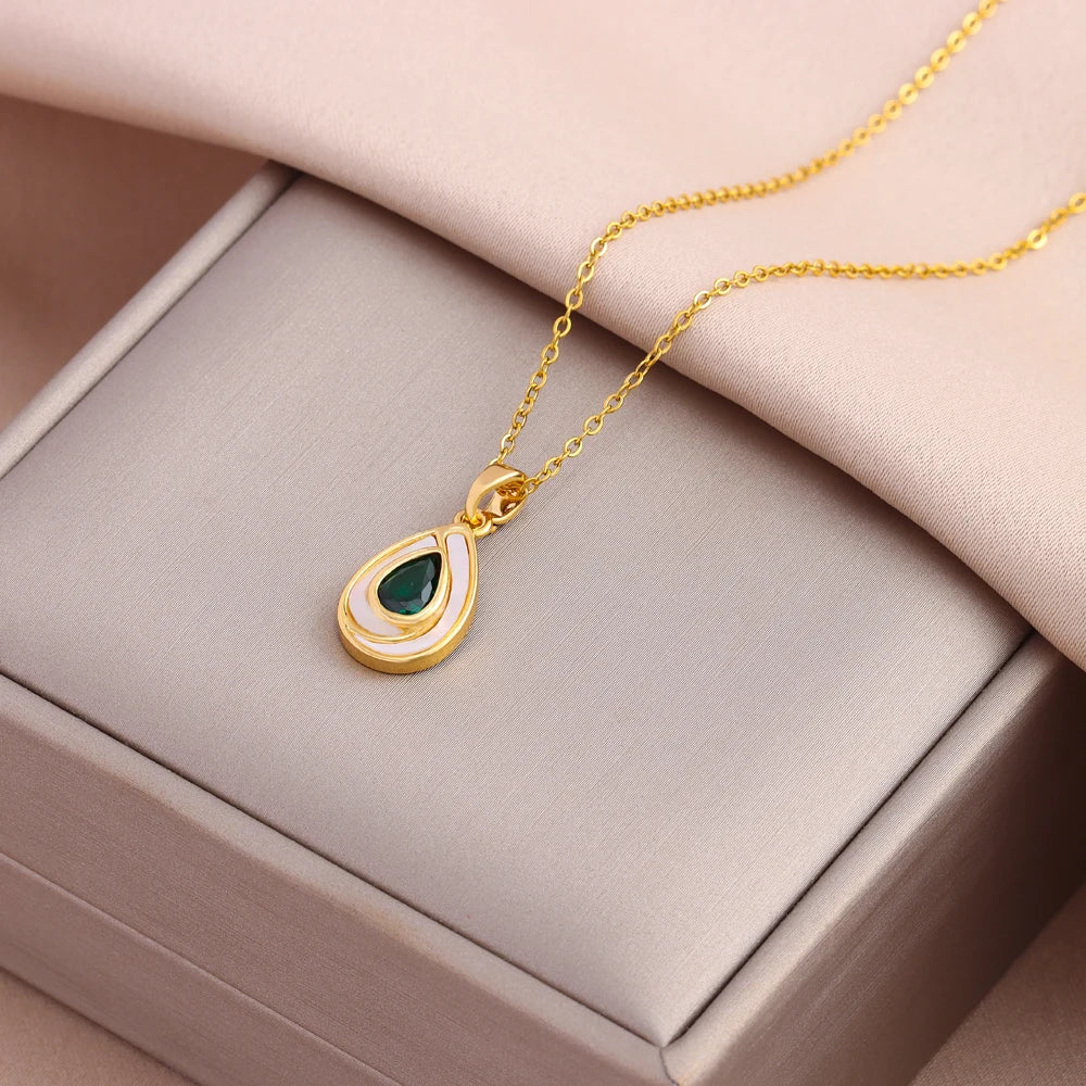 Collier Pendentif Zircon Vert - Acier Inoxydable