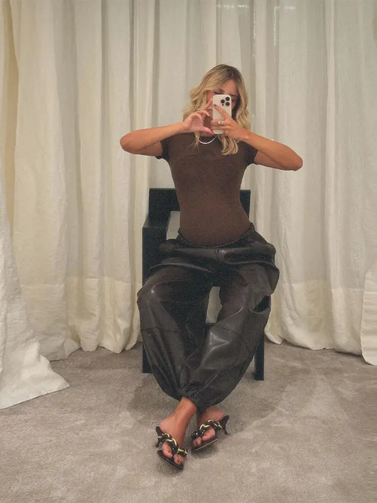 Pantalon Femme Simili Cuir Taille Élastique - Style Streetwear Hip Hop Large Automne