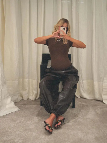 Pantalon Femme Simili Cuir Taille Élastique - Style Streetwear Hip Hop Large Automne