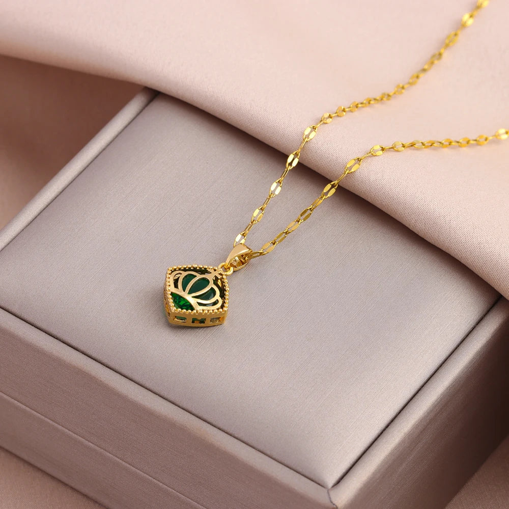Collier Pendentif Zircon Vert - Acier Inoxydable