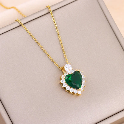 Collier Pendentif Zircon Vert - Acier Inoxydable
