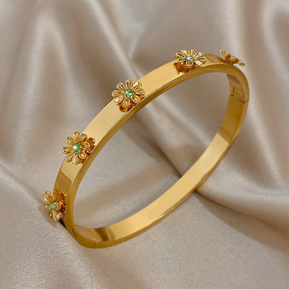 Bracelet Manchette Acier Inoxydable Fleur - Strass