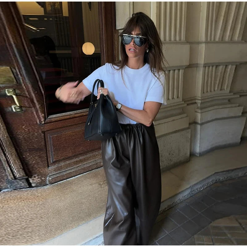 Pantalon Femme Simili Cuir Taille Élastique - Style Streetwear Hip Hop Large Automne