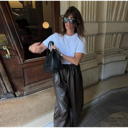 Pantalon Femme Simili Cuir Taille Élastique - Style Streetwear Hip Hop Large Automne