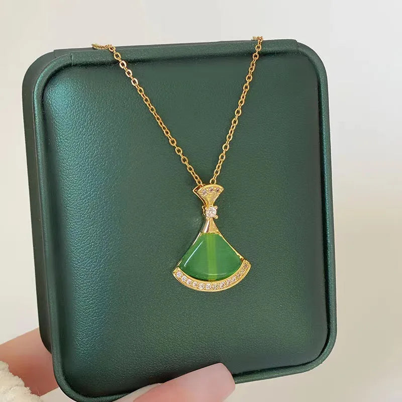 Collier Pendentif Zircon Vert - Acier Inoxydable