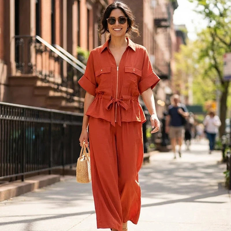 Ensemble Femme 2 Pièces Willshela - Chemise Zippée & Pantalon Taille Haute Vintage Chic