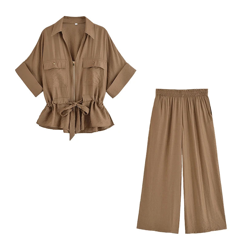 Ensemble Femme 2 Pièces Willshela - Chemise Zippée & Pantalon Taille Haute Vintage Chic