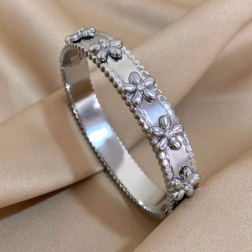 Bracelet Manchette Acier Inoxydable Fleur - Strass