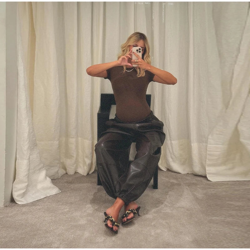 Pantalon Femme Simili Cuir Taille Élastique - Style Streetwear Hip Hop Large Automne