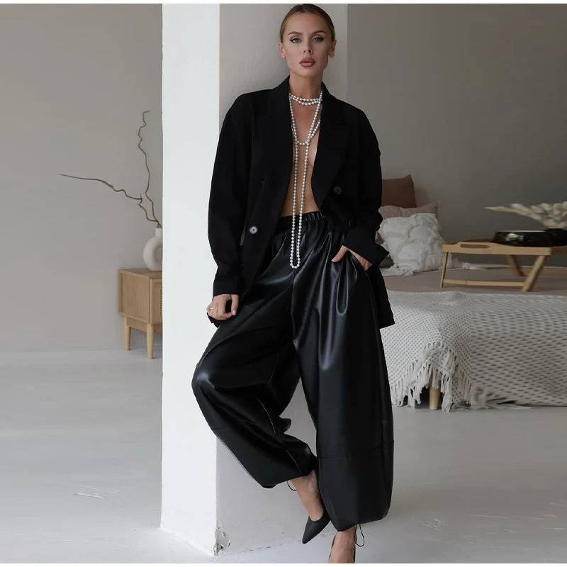 Pantalon Femme Simili Cuir Taille Élastique - Style Streetwear Hip Hop Large Automne