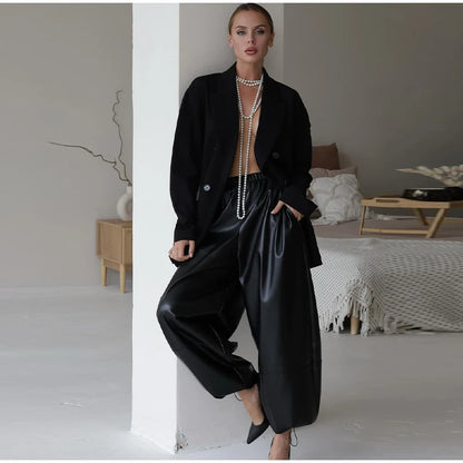 Pantalon Femme Simili Cuir Taille Élastique - Style Streetwear Hip Hop Large Automne