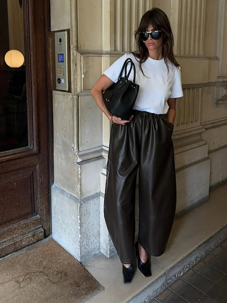 Pantalon Femme Simili Cuir Taille Élastique - Style Streetwear Hip Hop Large Automne