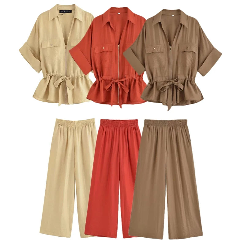 Ensemble Femme 2 Pièces Willshela - Chemise Zippée & Pantalon Taille Haute Vintage Chic