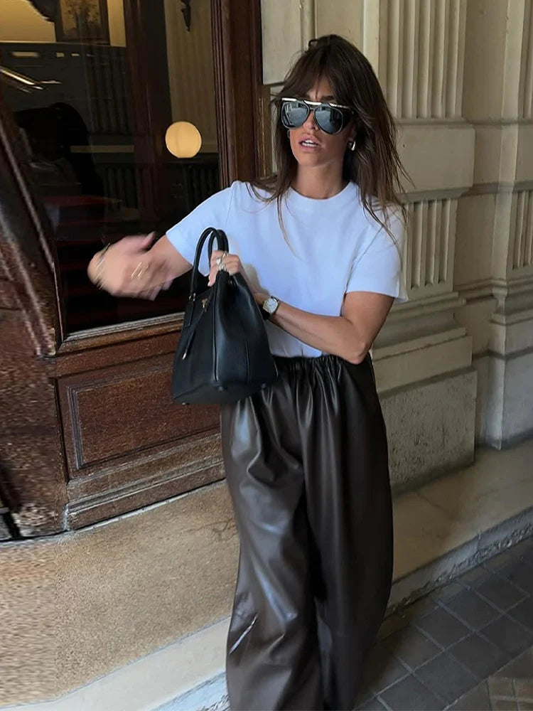 Pantalon Femme Simili Cuir Taille Élastique - Style Streetwear Hip Hop Large Automne