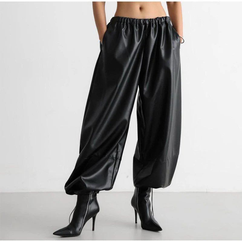 Pantalon Femme Simili Cuir Taille Élastique - Style Streetwear Hip Hop Large Automne