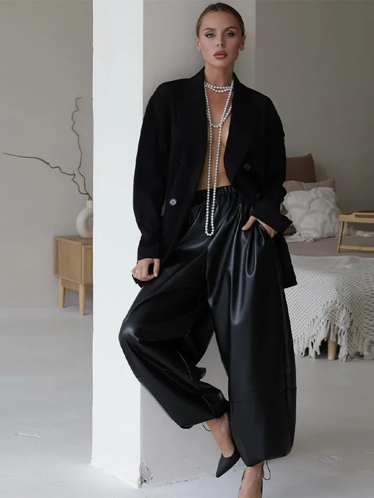 Pantalon Femme Simili Cuir Taille Élastique - Style Streetwear Hip Hop Large Automne