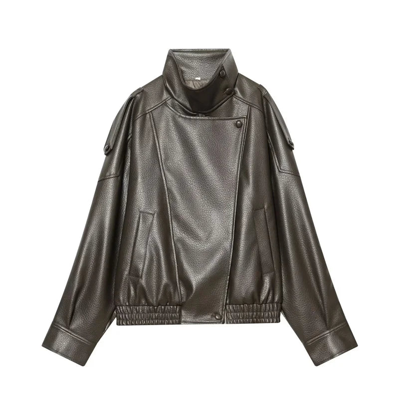 Veste Femme Similicuir Noir Style Moto Automne