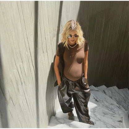 Pantalon Femme Simili Cuir Taille Élastique - Style Streetwear Hip Hop Large Automne