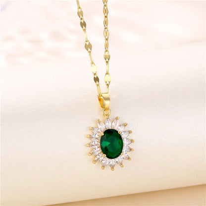 Collier Pendentif Zircon Vert - Acier Inoxydable