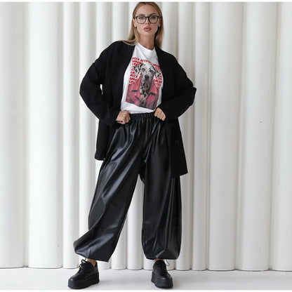 Pantalon Femme Simili Cuir Taille Élastique - Style Streetwear Hip Hop Large Automne