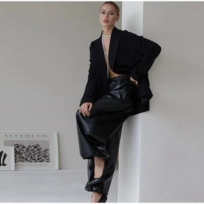 Pantalon Femme Simili Cuir Taille Élastique - Style Streetwear Hip Hop Large Automne