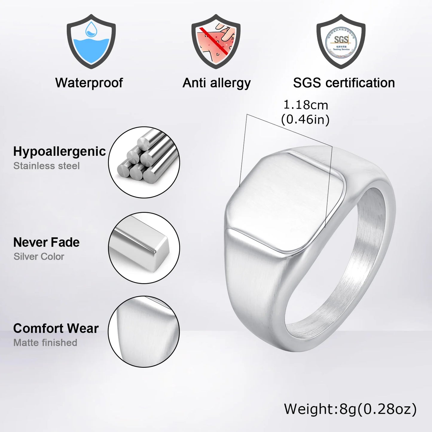 Bague Chevalère Carrée Argentée Acier Inoxydable - Mixte Homme Femme Chunky Ring