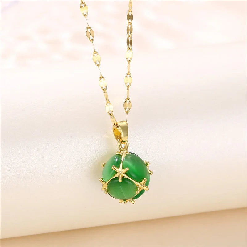 Collier Pendentif Zircon Vert - Acier Inoxydable