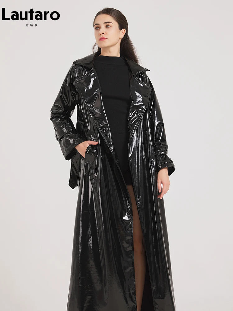 Trench-Coat Cuir Verni Noir Long