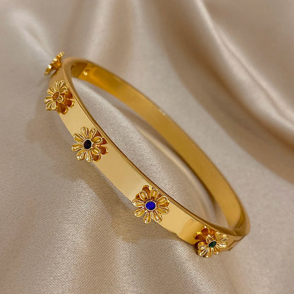 Bracelet Manchette Acier Inoxydable Fleur - Strass