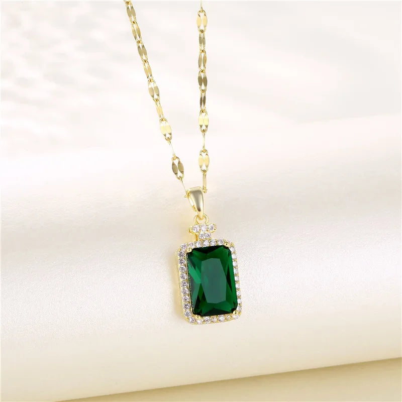 Collier Pendentif Zircon Vert - Acier Inoxydable