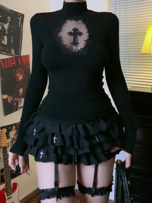 T-Shirt Col Roulé Gothique Noir