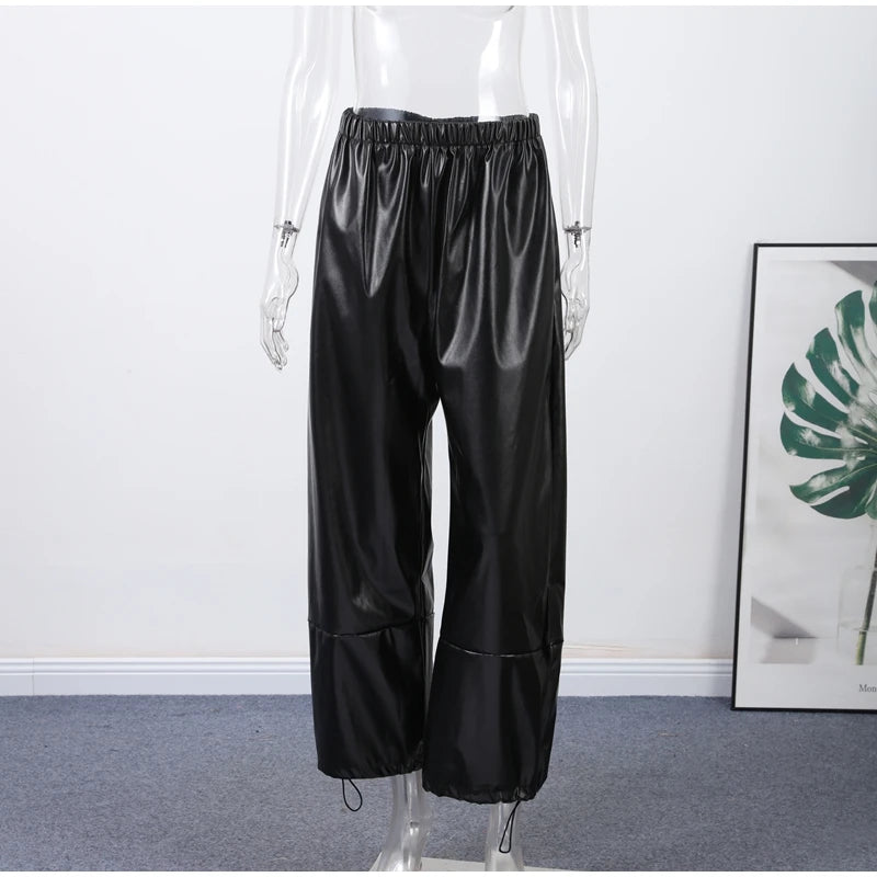 Pantalon Femme Simili Cuir Taille Élastique - Style Streetwear Hip Hop Large Automne