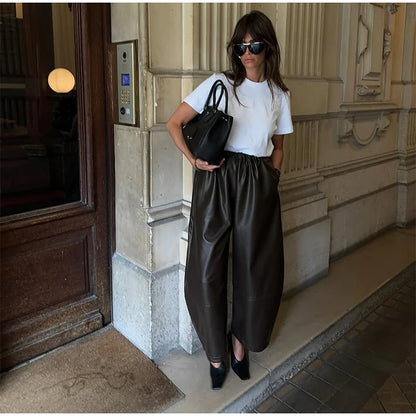 Pantalon Femme Simili Cuir Taille Élastique - Style Streetwear Hip Hop Large Automne